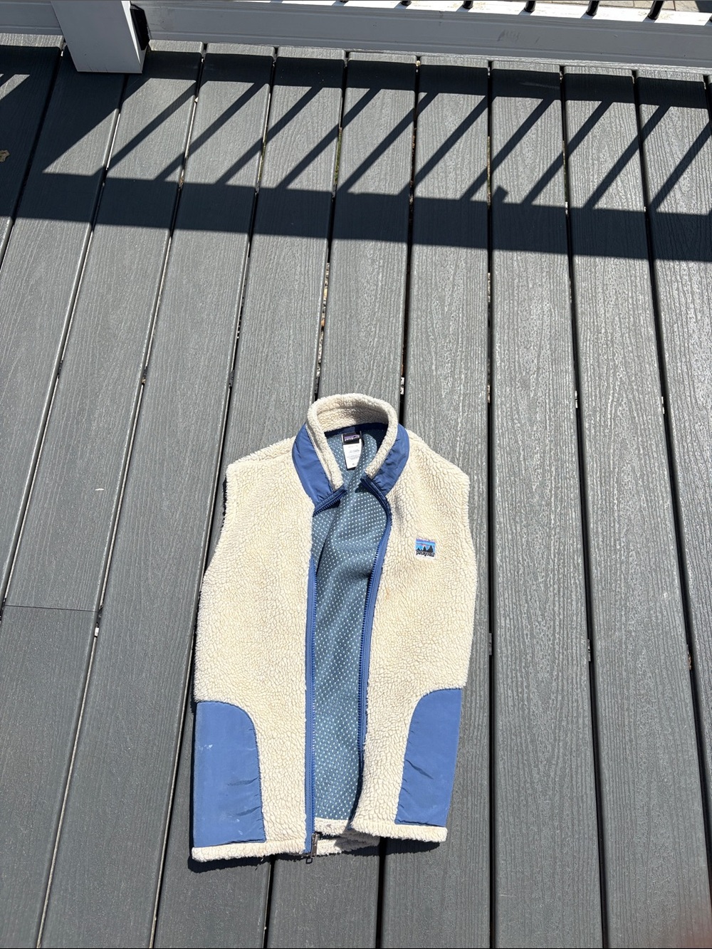 Patagonia Cream Sherpa Vest with Blue Trim